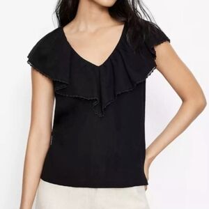 LOFT Ruffle V Back Shell Black Gauze Flutter Sleeve Top Boho Peasant NEW Medium